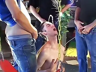 Gay twink peed on while sucking dicks and fucked hardcore