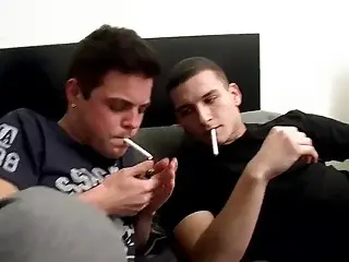 Two gay guys smoking cigarettes, sucking cock and swallow 