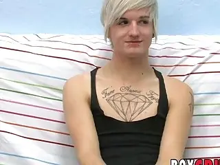 Inked twink jerks off solo after casting