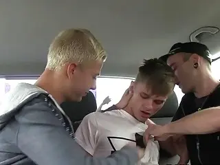 Amateur twink threesome in mini van